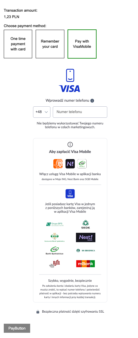 Visa Mobile Przykladowa Strona z wczytanym widgetem