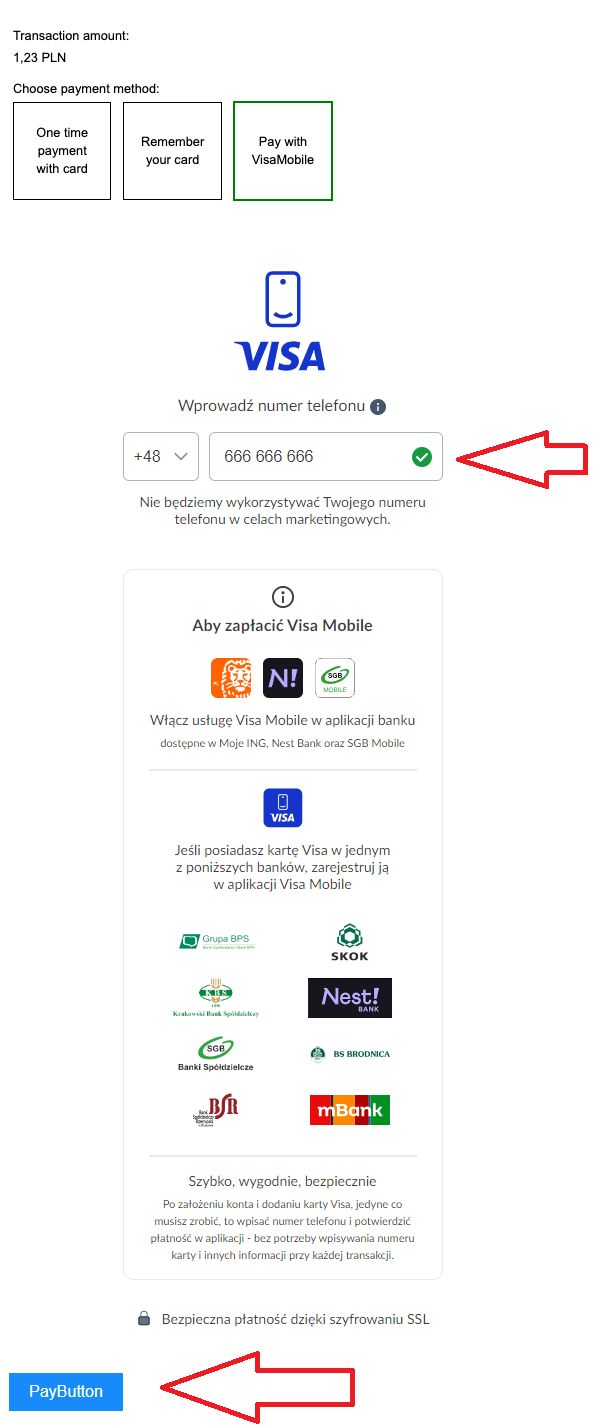 Visa Mobile Przykladowa Strona z uaktywnionym przyciskiem